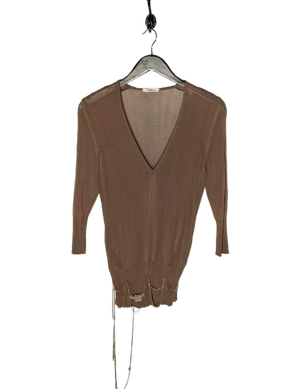 Chloé Vintage Brown Chain Accent V-neck 3/4 Sleeves Top